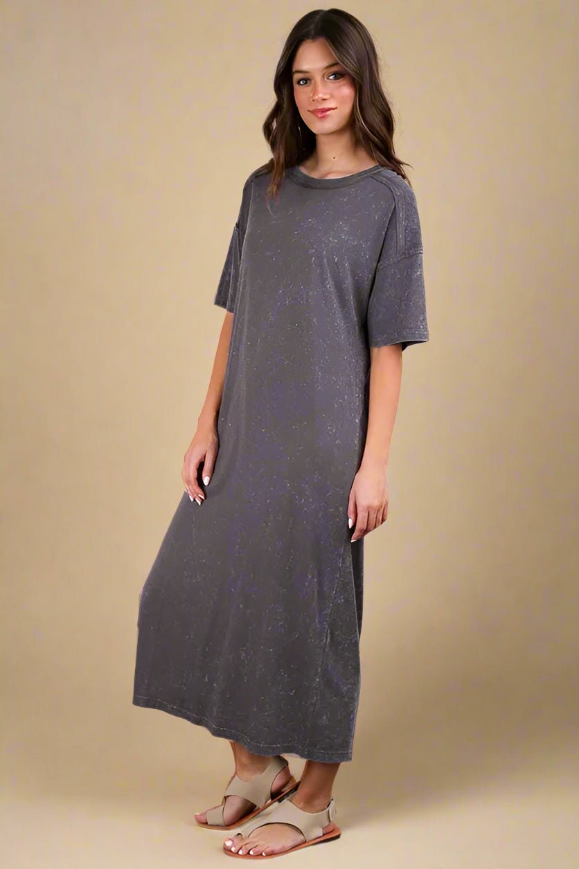 Very J - Plus Size Charcoal Mineral Wash T-Shirt Midi Dress