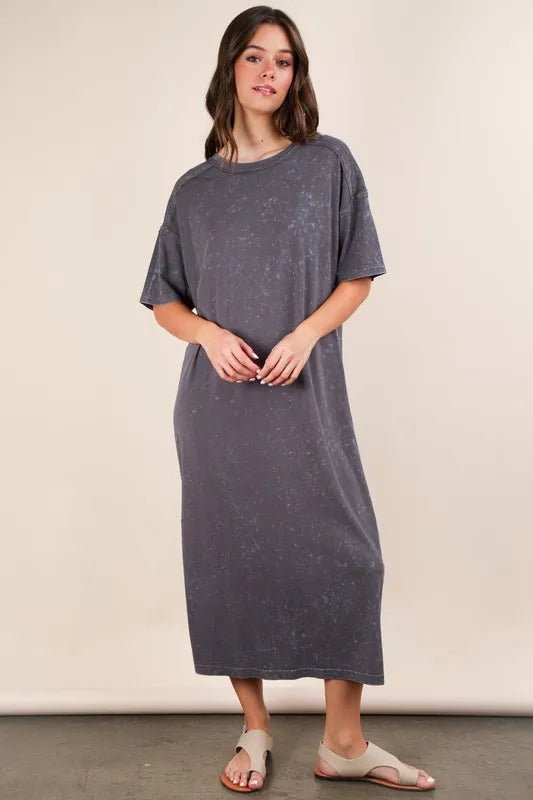 Very J - Plus Size Charcoal Mineral Wash T-Shirt Midi Dress