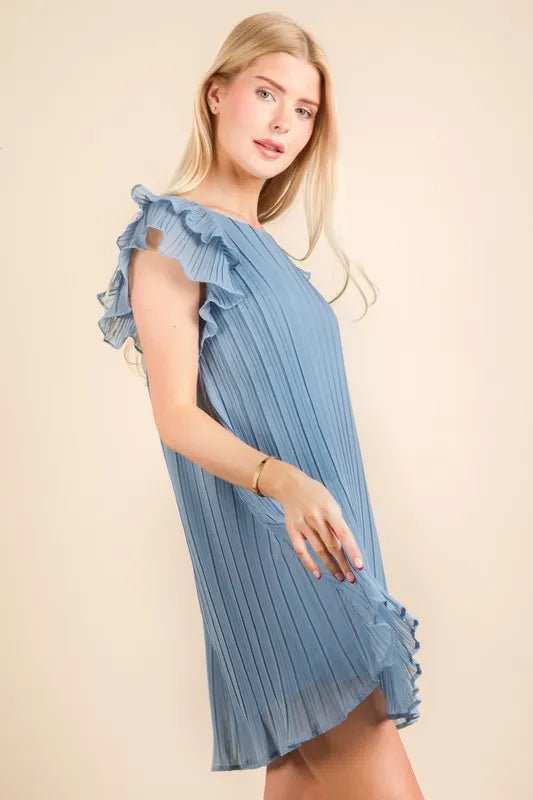 Very J - Plus Size Dusty Blue Pleated Flutter Sleeve Mini Dress