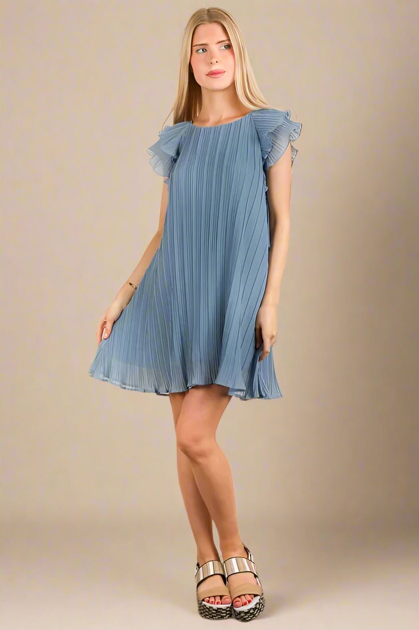 Very J - Plus Size Dusty Blue Pleated Flutter Sleeve Mini Dress