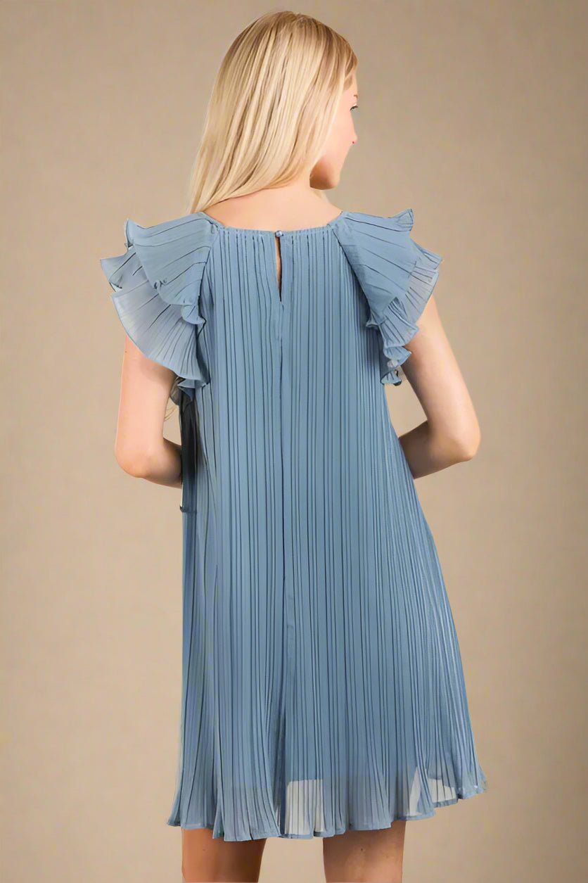 Very J - Plus Size Dusty Blue Pleated Flutter Sleeve Mini Dress