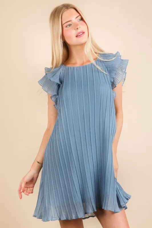 Very J - Plus Size Dusty Blue Pleated Flutter Sleeve Mini Dress