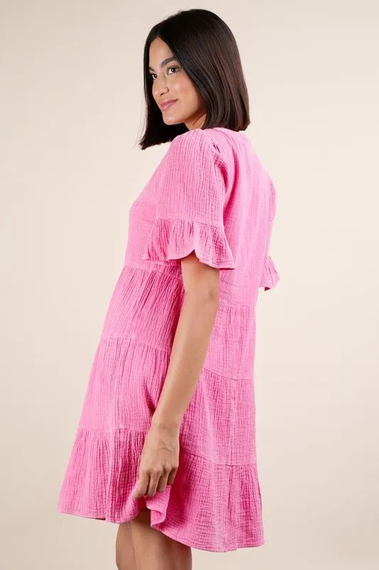 Very J - Plus Size Hot Pink Button - Front Babydoll Mini Dress