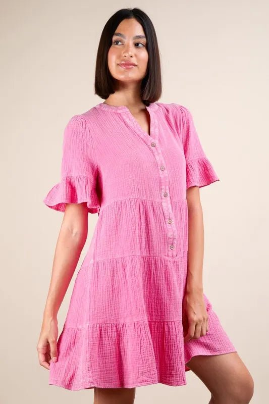 Very J - Plus Size Hot Pink Button - Front Babydoll Mini Dress