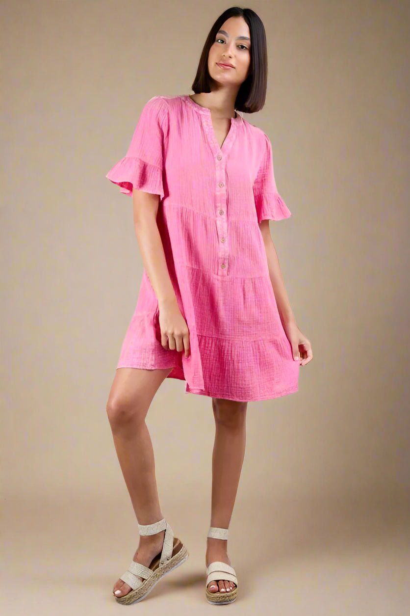 Very J - Plus Size Hot Pink Button - Front Babydoll Mini Dress