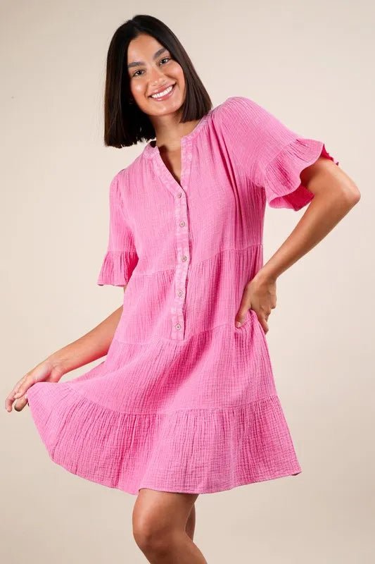 Very J - Plus Size Hot Pink Button - Front Babydoll Mini Dress