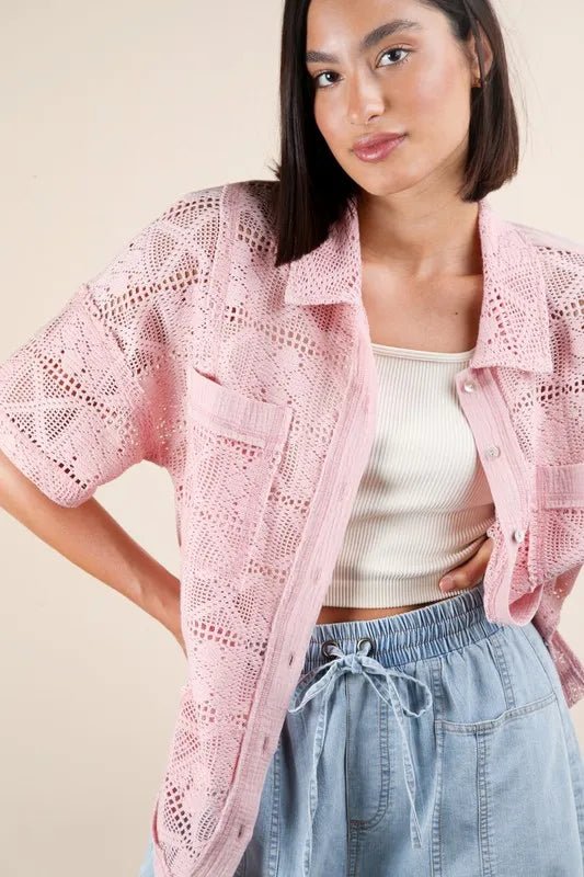 Very J - Plus Size Pink Crochet Button - Up Shirt