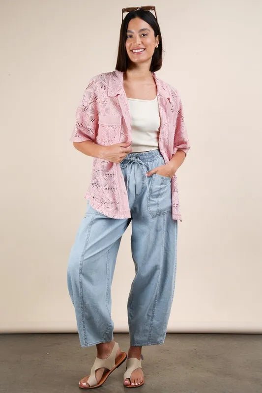 Very J - Plus Size Pink Crochet Button - Up Shirt