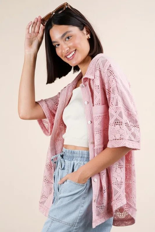 Very J - Plus Size Pink Crochet Button - Up Shirt