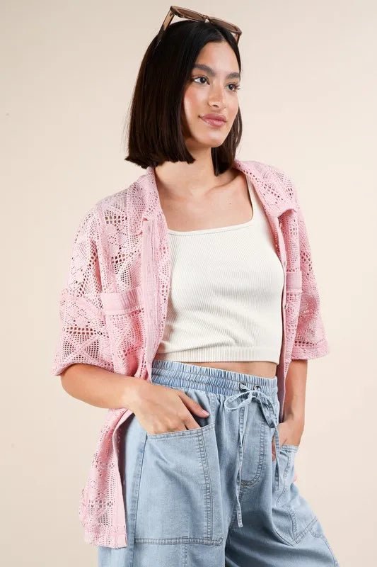 Very J - Plus Size Pink Crochet Button - Up Shirt
