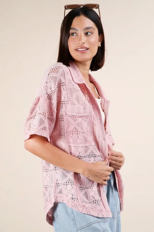 Very J - Plus Size Pink Crochet Button - Up Shirt