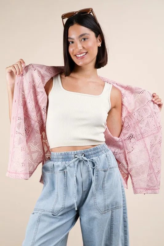 Very J - Plus Size Pink Crochet Button - Up Shirt