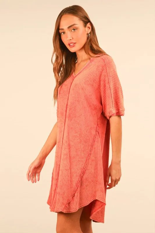 Very J - Plus Size Washed Coral Ribbed V - Neck Mini T-Shirt Dress
