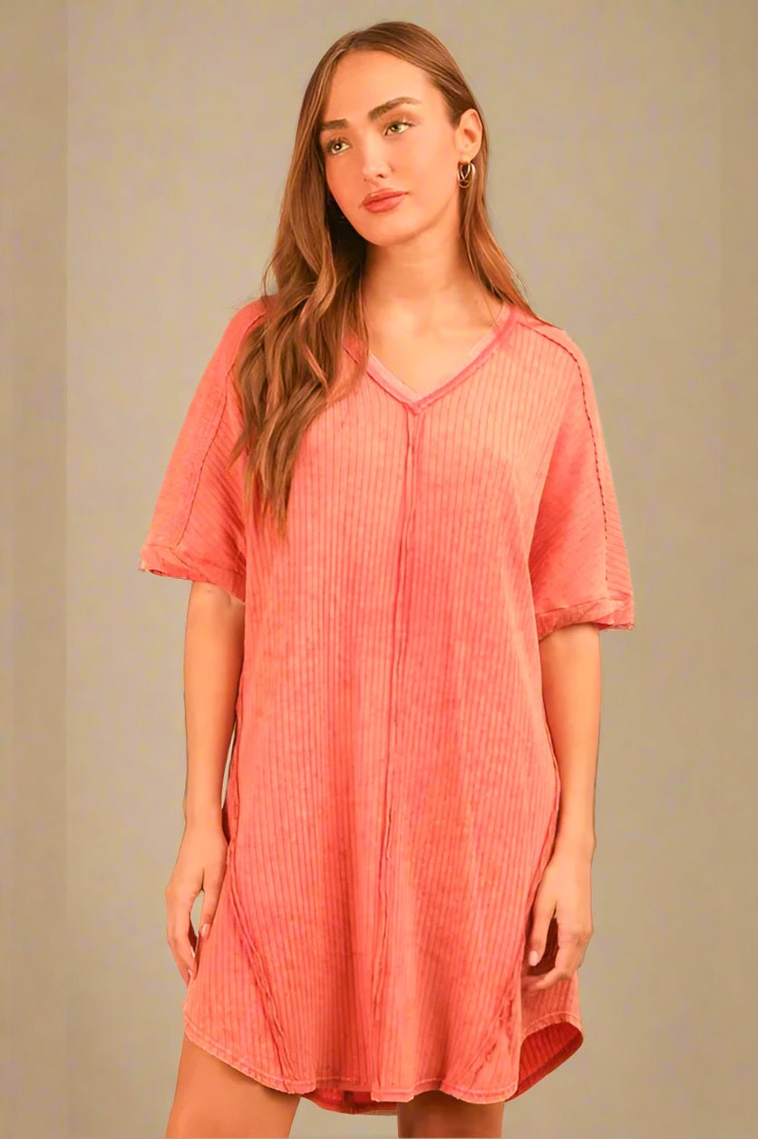 Very J - Plus Size Washed Coral Ribbed V - Neck Mini T-Shirt Dress
