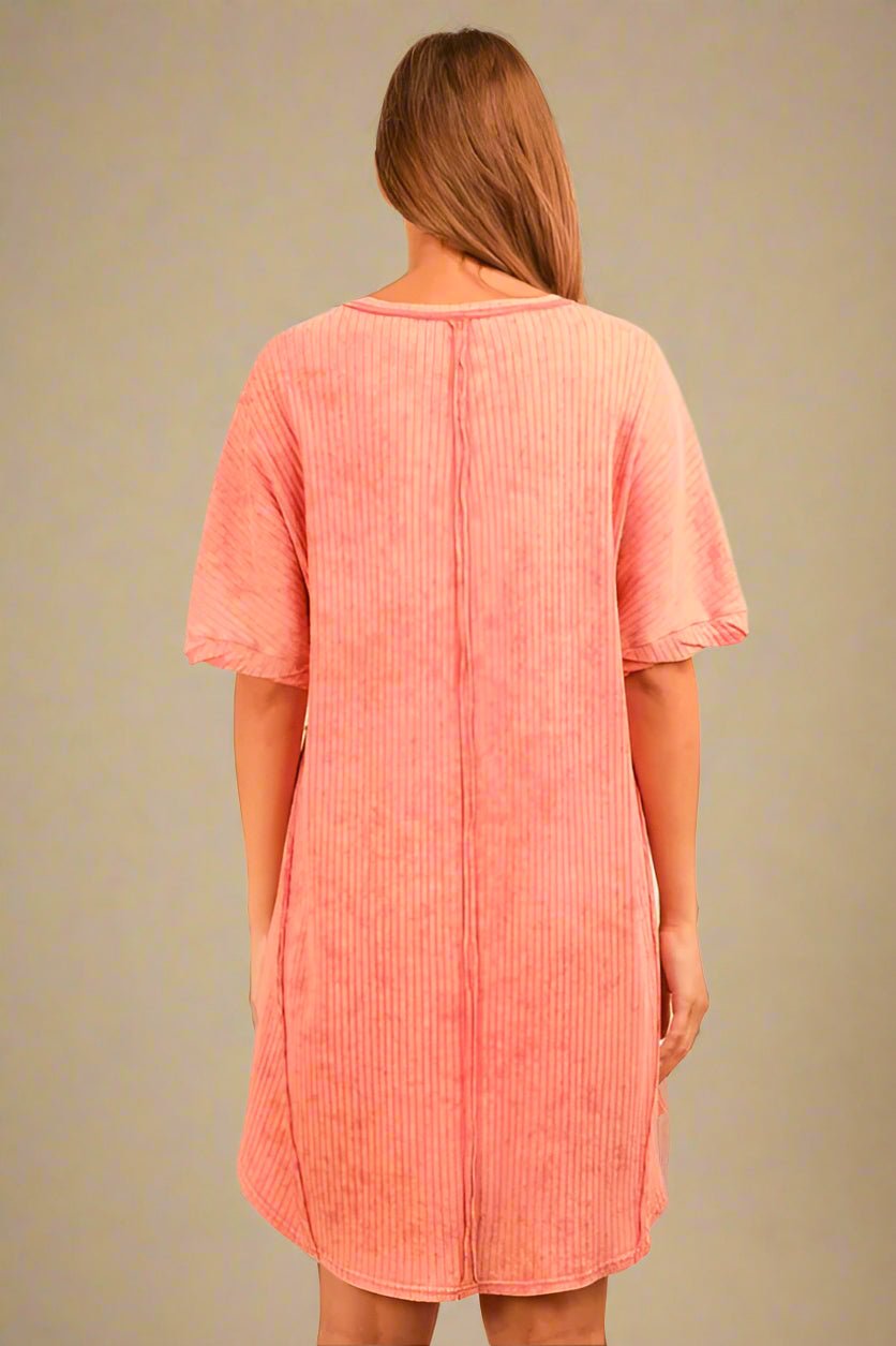 Very J - Plus Size Washed Coral Ribbed V - Neck Mini T-Shirt Dress