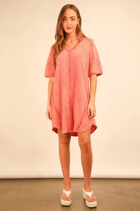 Very J - Plus Size Washed Coral Ribbed V - Neck Mini T-Shirt Dress