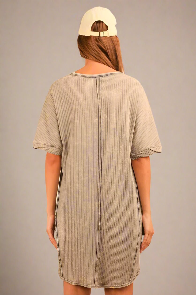 Very J - Plus Size Washed Gray Ribbed V - Neck Mini T-Shirt Dress