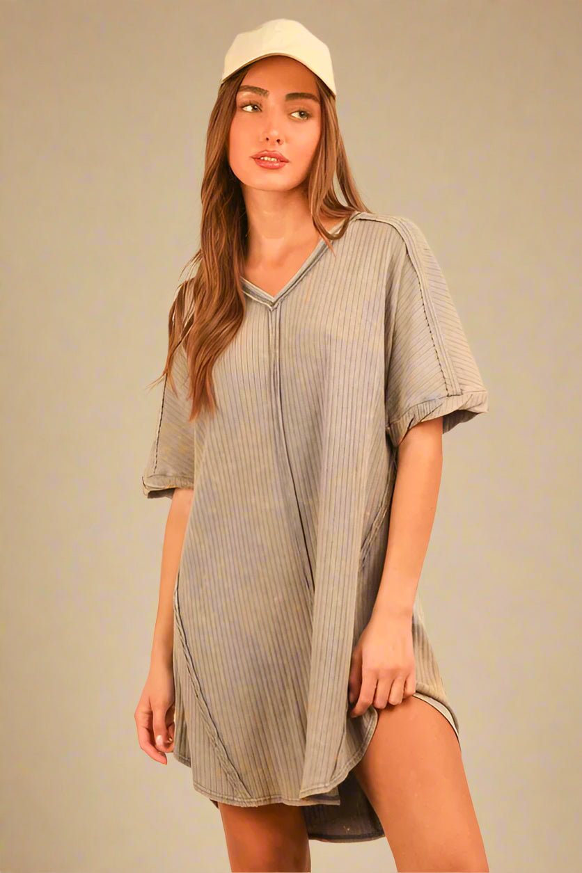 Very J - Plus Size Washed Gray Ribbed V - Neck Mini T-Shirt Dress