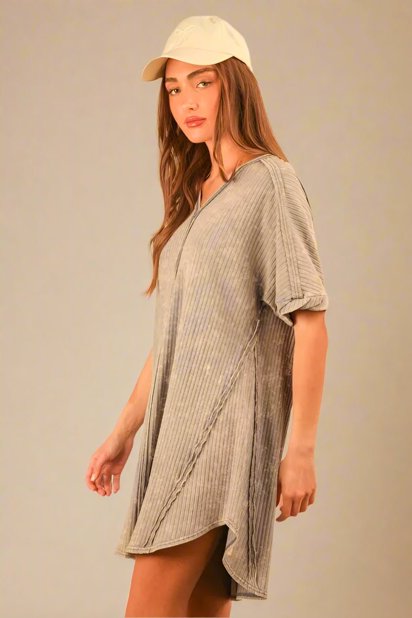 Very J - Plus Size Washed Gray Ribbed V - Neck Mini T-Shirt Dress