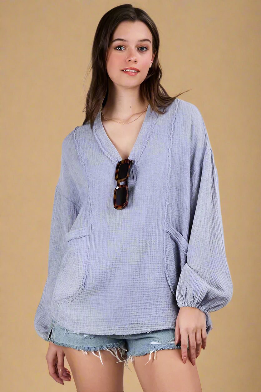 Very J - Plus Size Washed Lavender Gauze Pullover Top