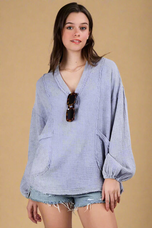 Very J - Plus Size Washed Lavender Gauze Pullover Top