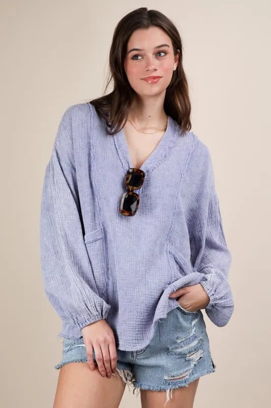 Very J - Plus Size Washed Lavender Gauze Pullover Top