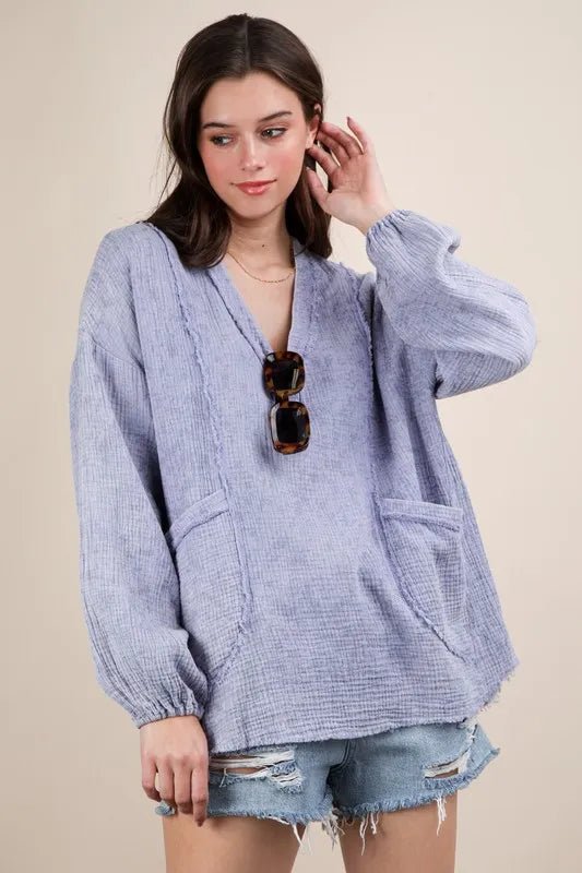 Very J - Plus Size Washed Lavender Gauze Pullover Top
