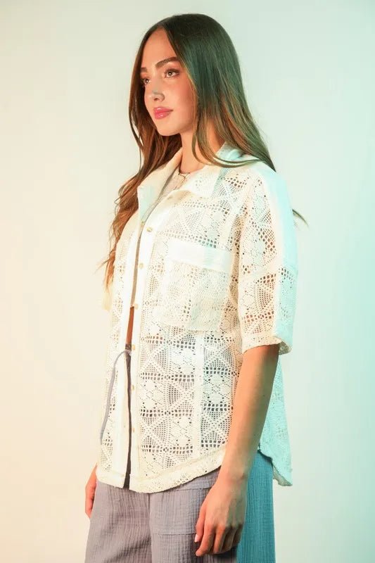 Very J - Plus Size White Crochet Button - Up Shirt