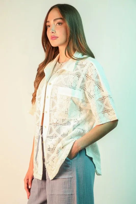 Very J - Plus Size White Crochet Button - Up Shirt