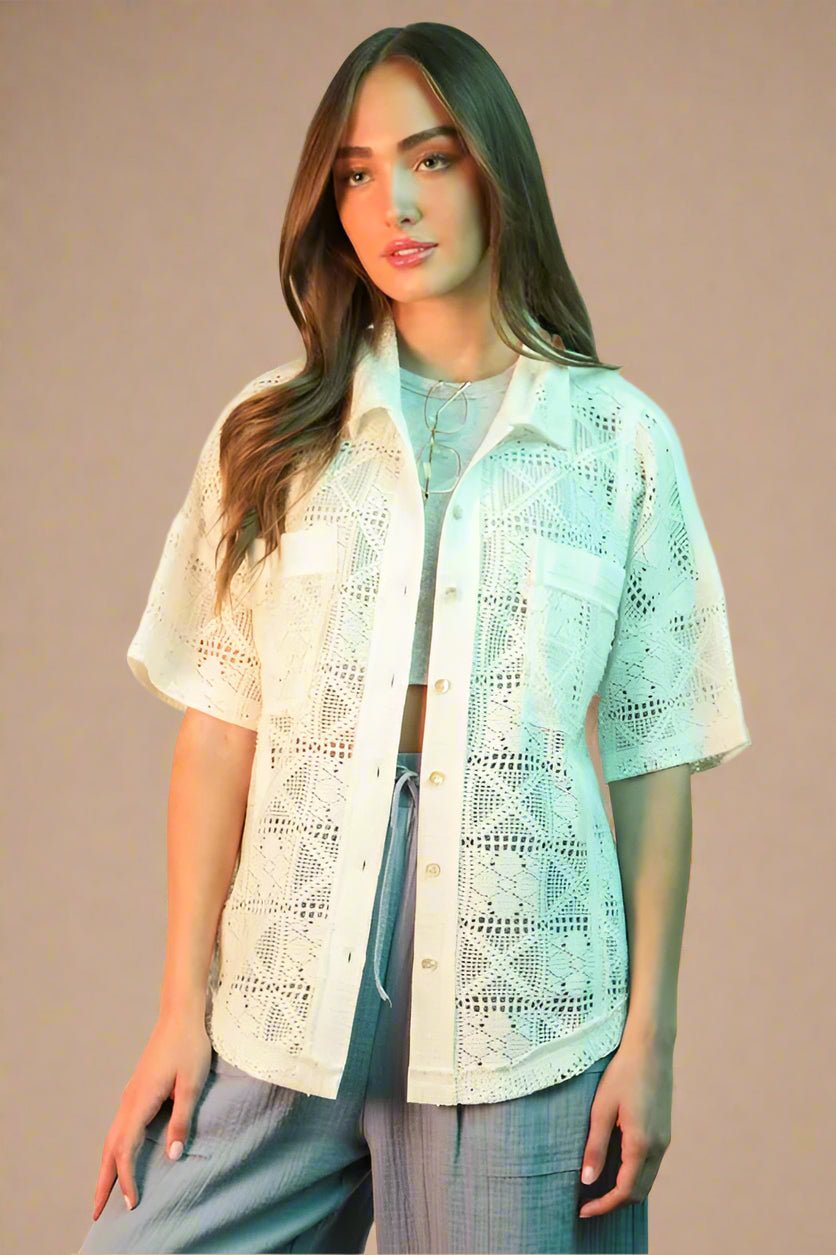 Very J - Plus Size White Crochet Button - Up Shirt