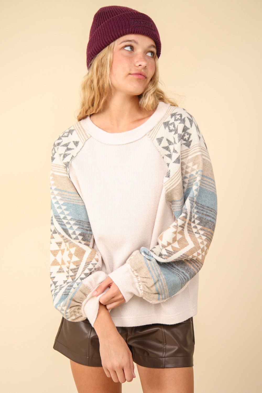 Very J - Printed Long Sleeve Knit Top in Cream