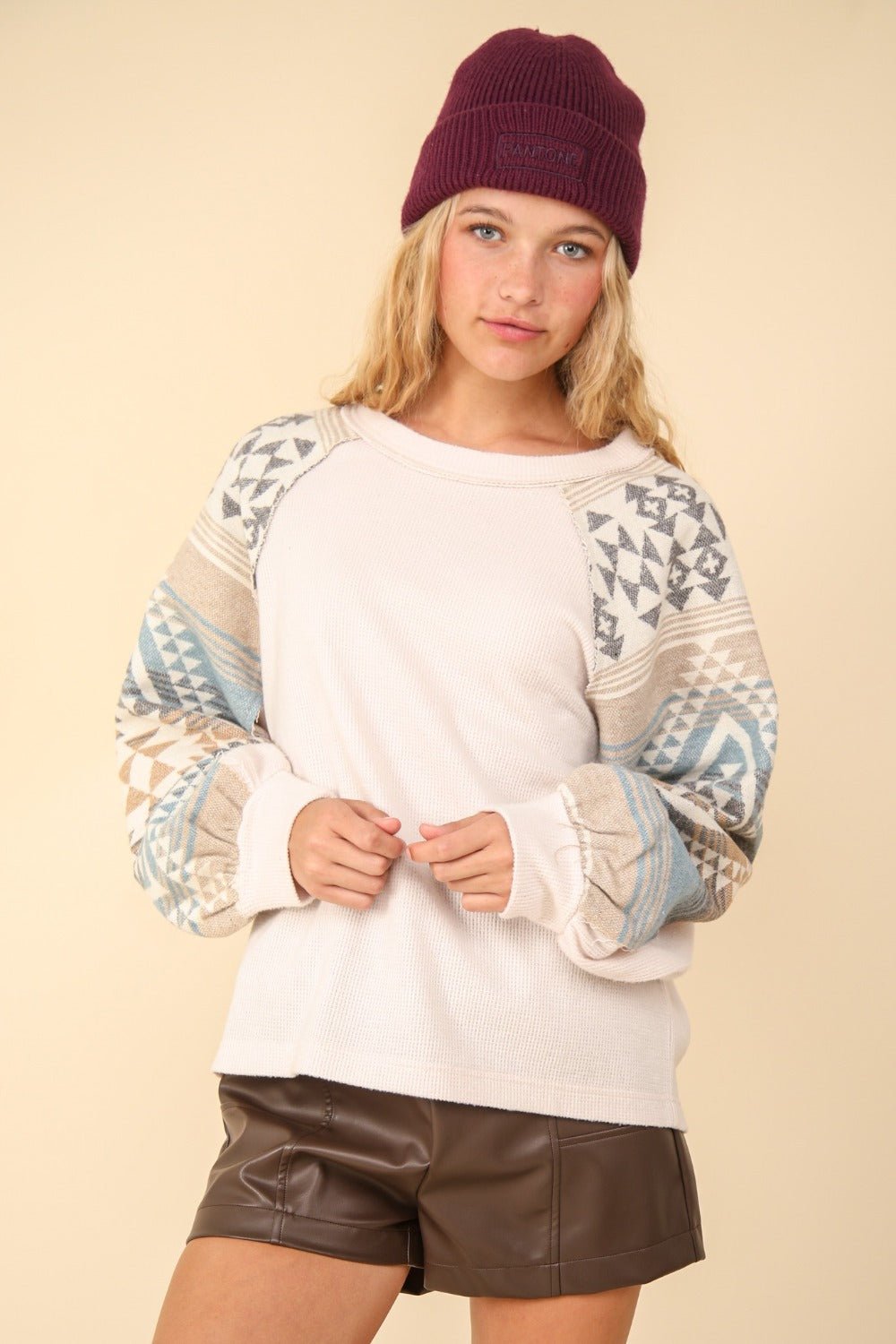 Very J - Printed Long Sleeve Knit Top in Cream