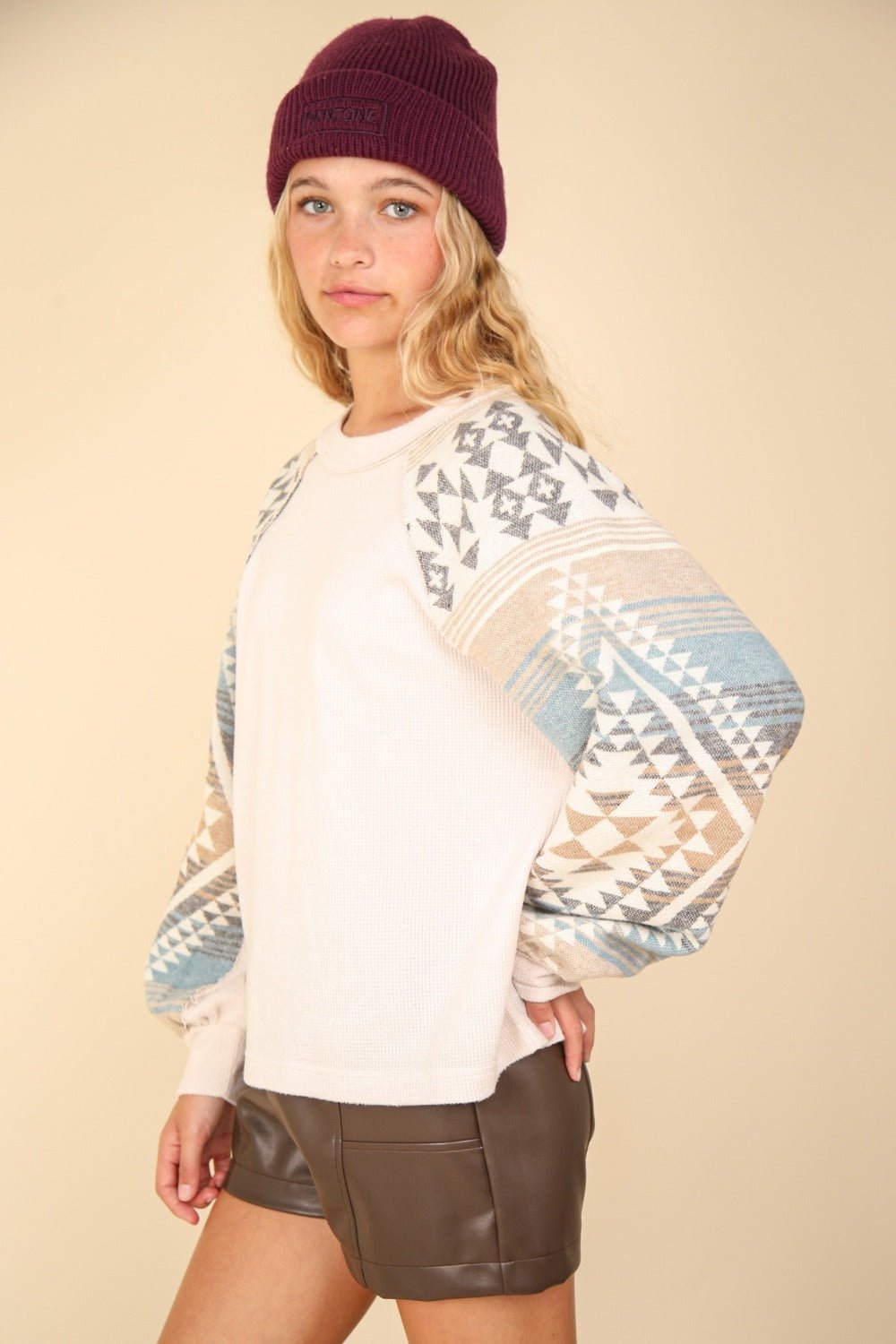 Very J - Printed Long Sleeve Knit Top in Cream