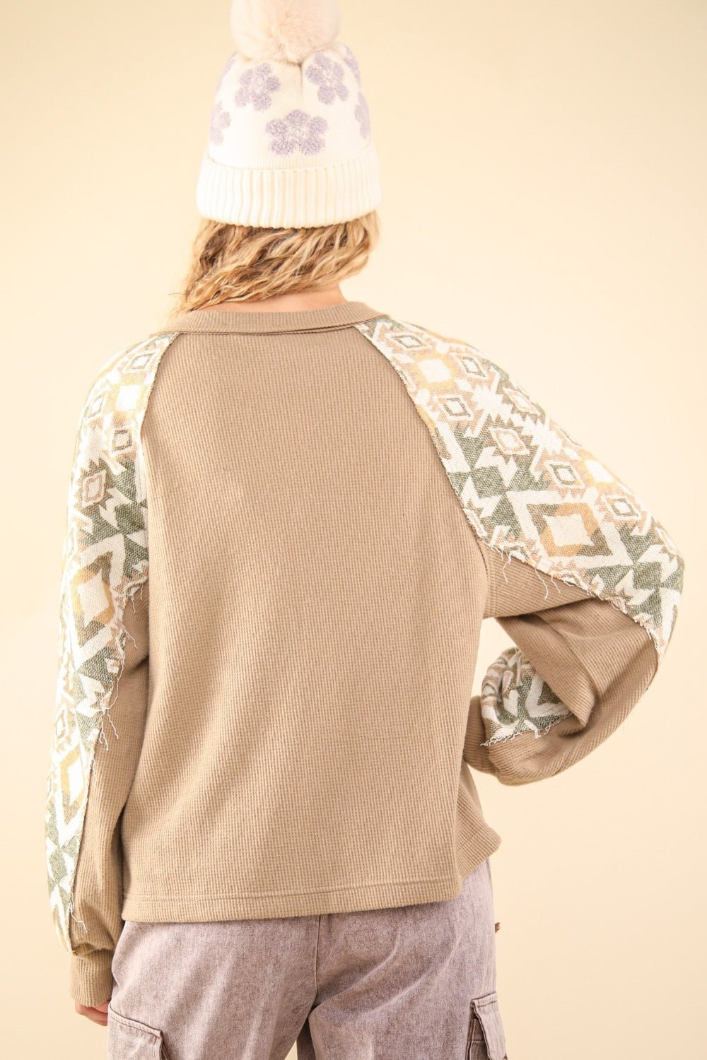 Very J - Printed Long Sleeve Knit Top in Taupe