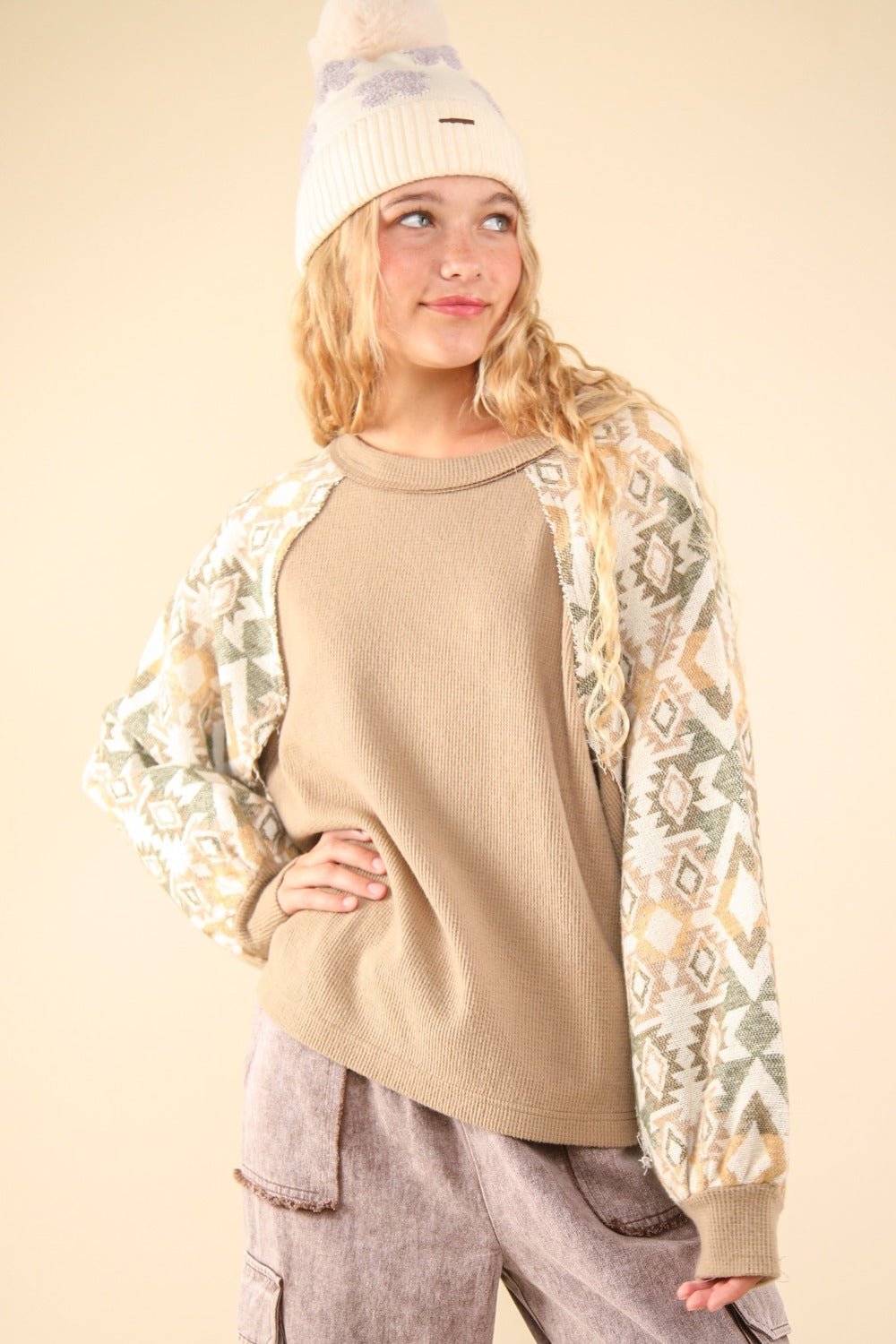 Very J - Printed Long Sleeve Knit Top in Taupe