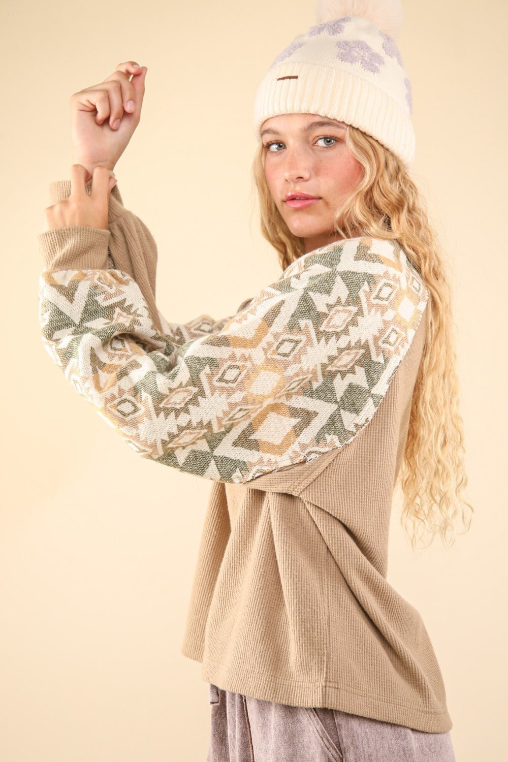 Very J - Printed Long Sleeve Knit Top in Taupe