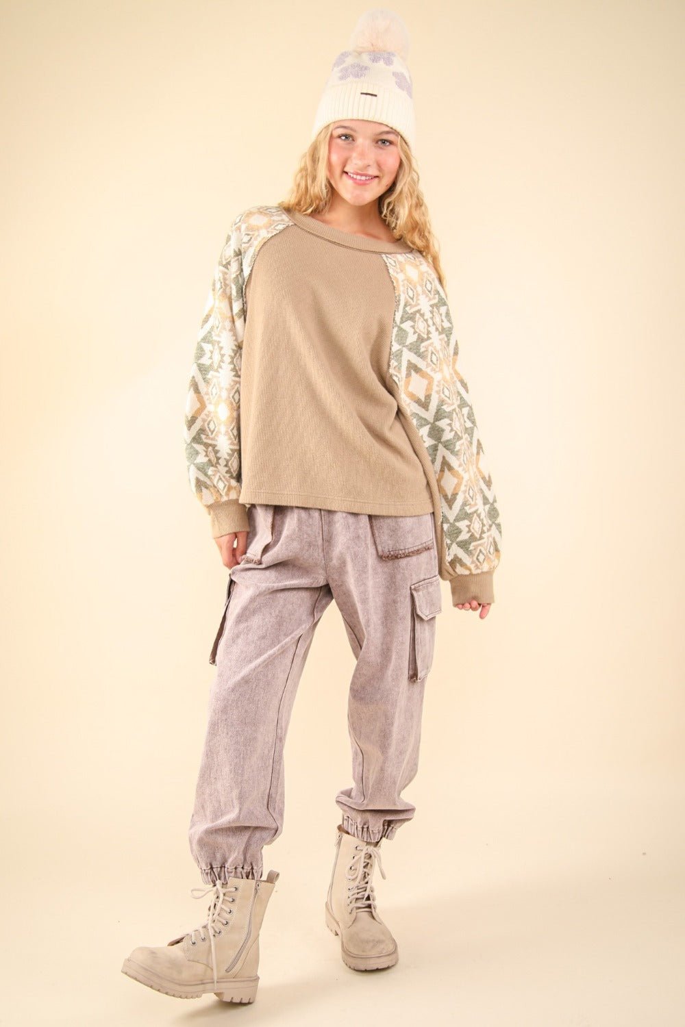 Very J - Printed Long Sleeve Knit Top in Taupe