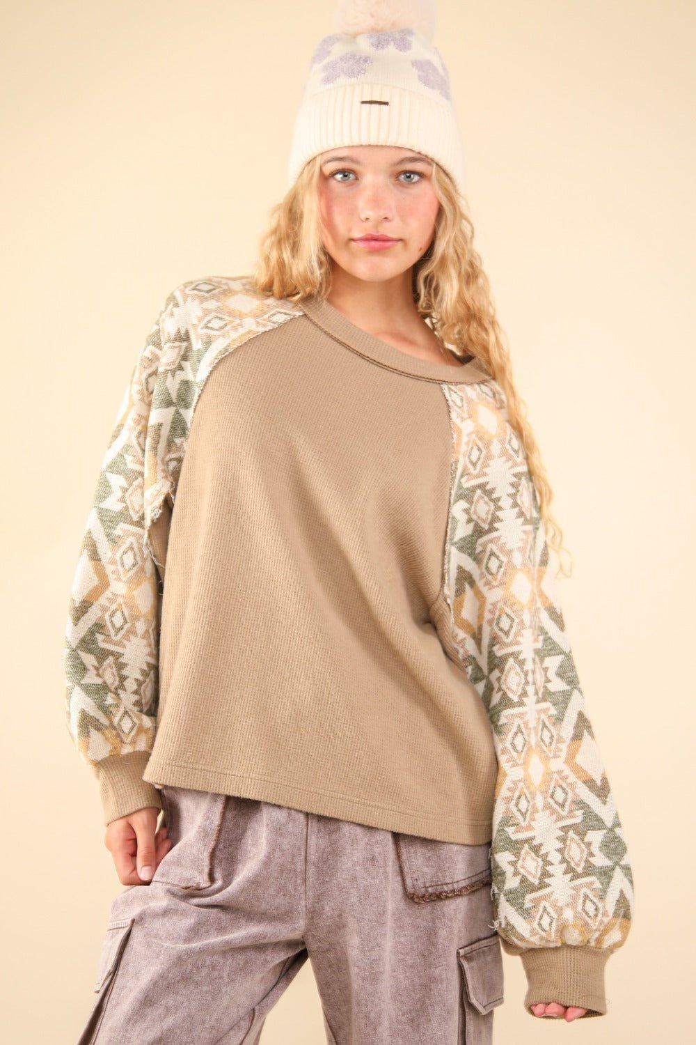 Very J - Printed Long Sleeve Knit Top in Taupe