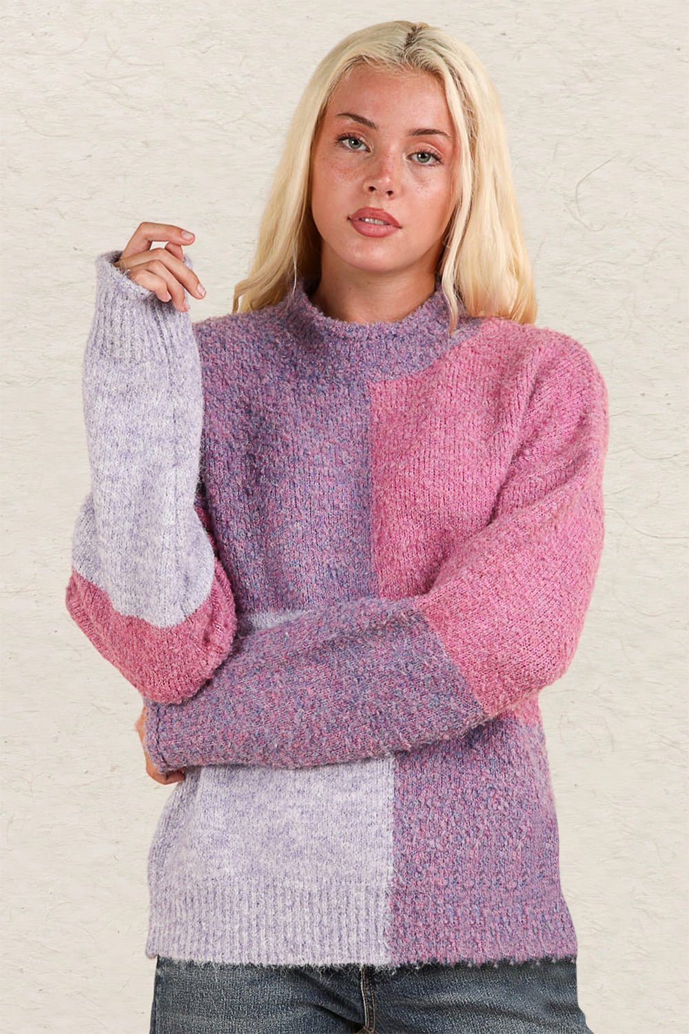 Very J - Purple Color Block Mock Neck Sweater