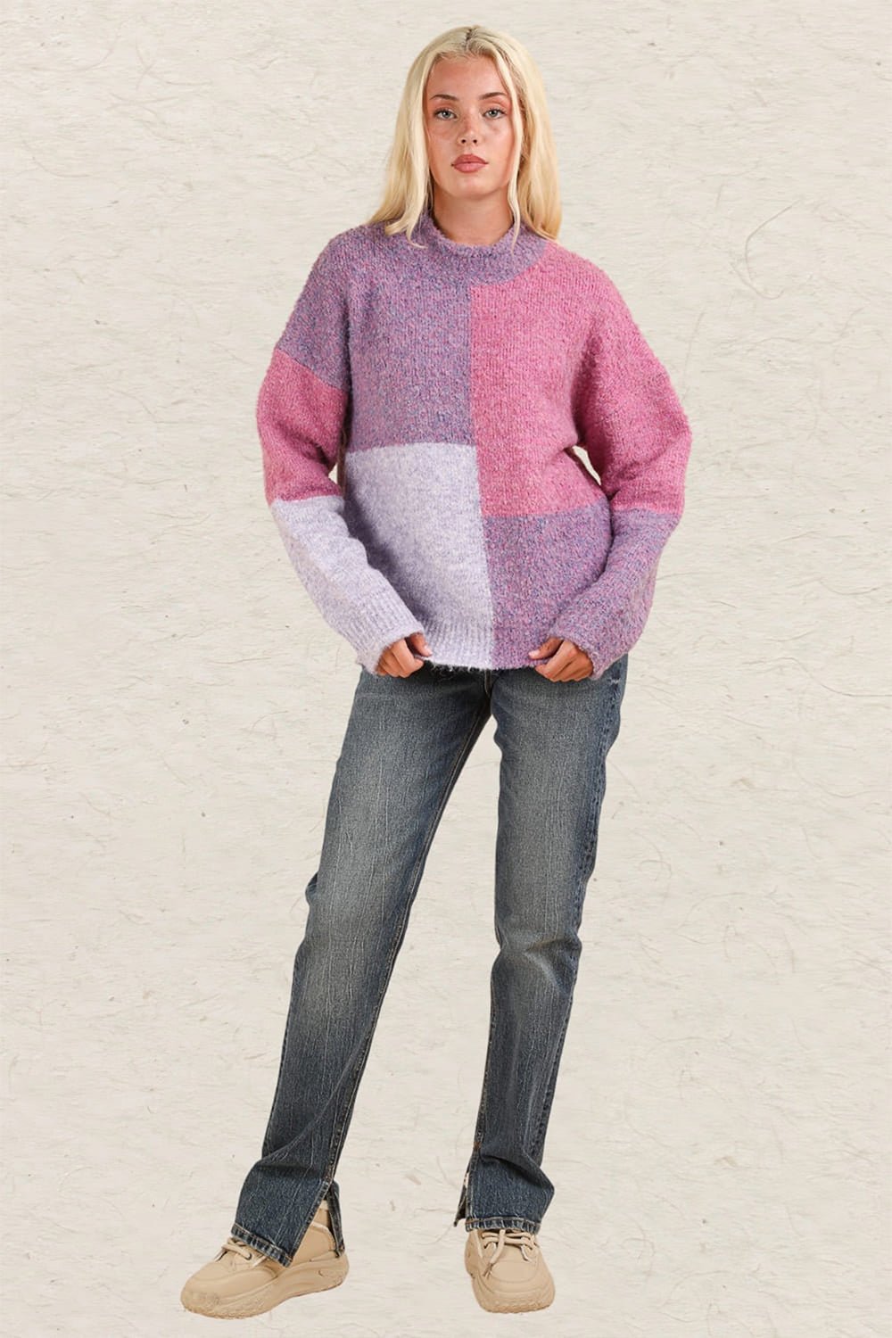 Very J - Purple Color Block Mock Neck Sweater