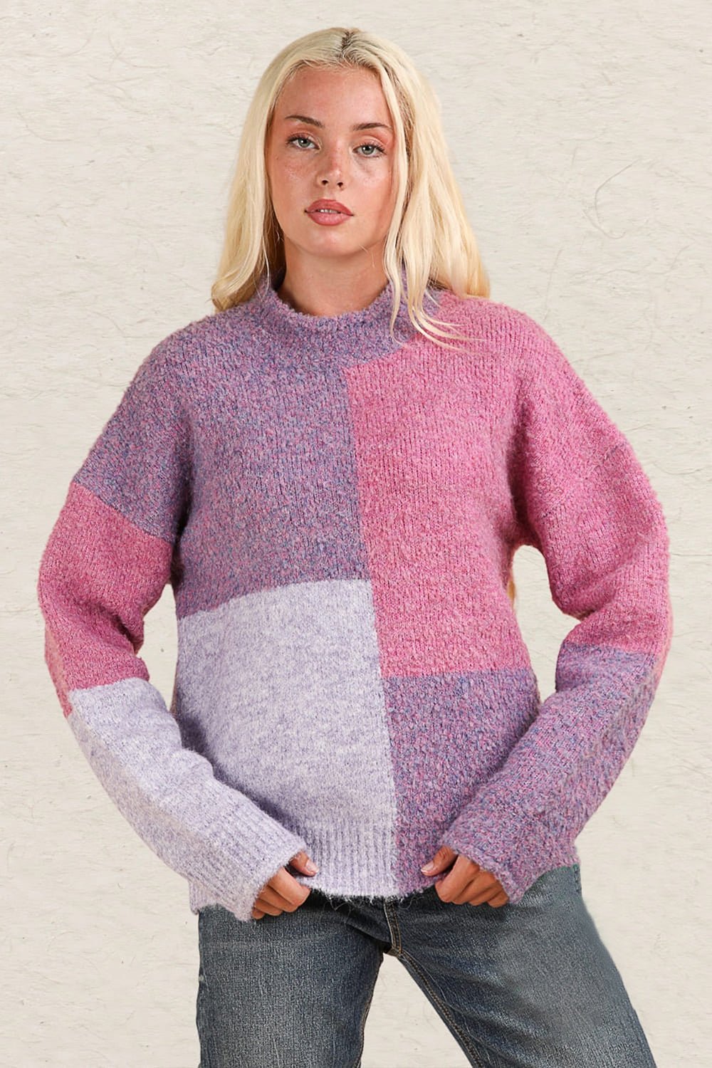 Very J - Purple Color Block Mock Neck Sweater