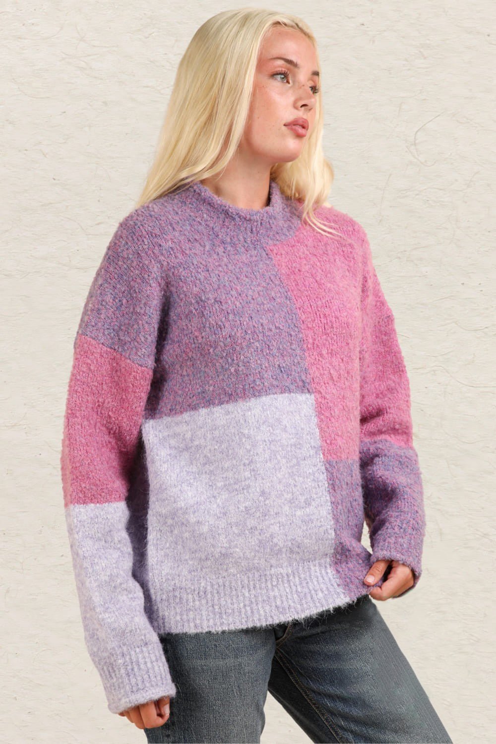 Very J - Purple Color Block Mock Neck Sweater