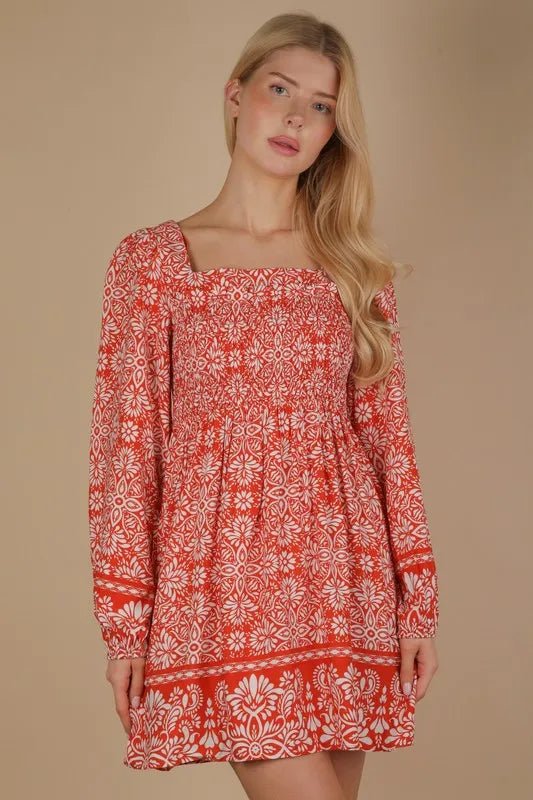 Very J - Red Floral Smocked Long Sleeve Mini Dress