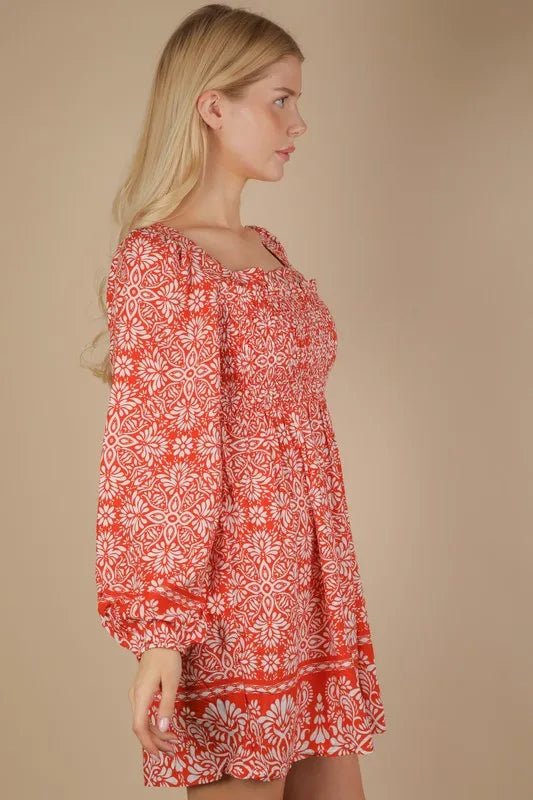 Very J - Red Floral Smocked Long Sleeve Mini Dress