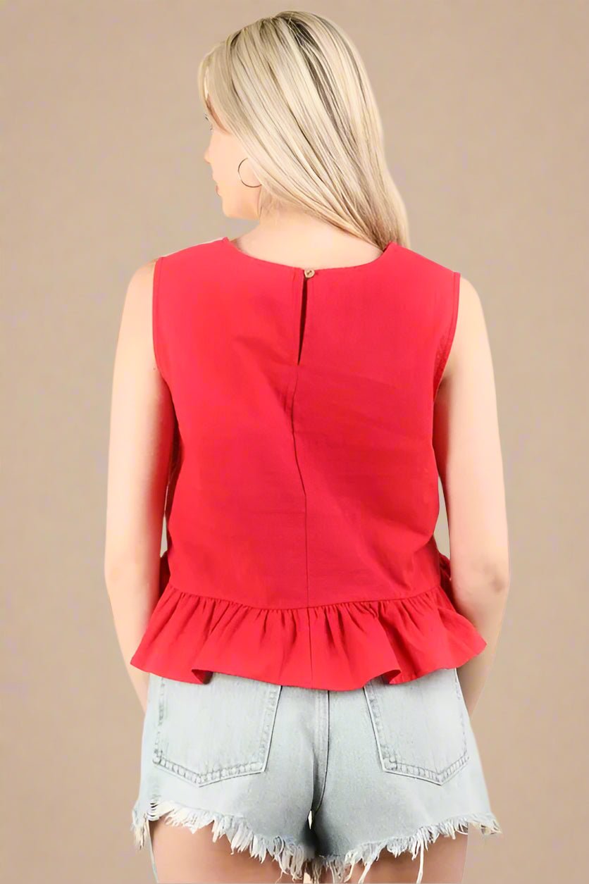 Very J - Red Sleeveless Ruffle Hem Top with Side Ties