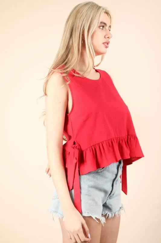 Very J - Red Sleeveless Ruffle Hem Top with Side Ties