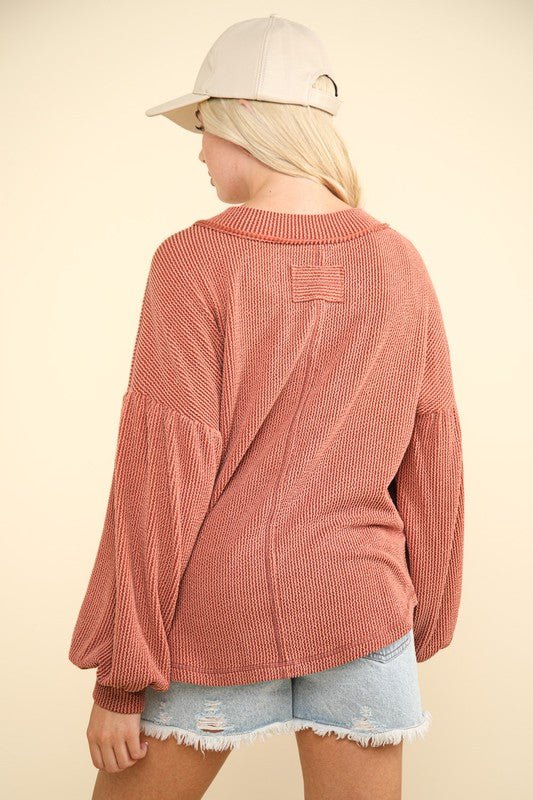 Very J - Rib Knit V - Neck Exposed Seams Top in Cedar Wood