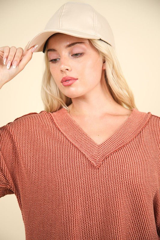 Very J - Rib Knit V - Neck Exposed Seams Top in Cedar Wood