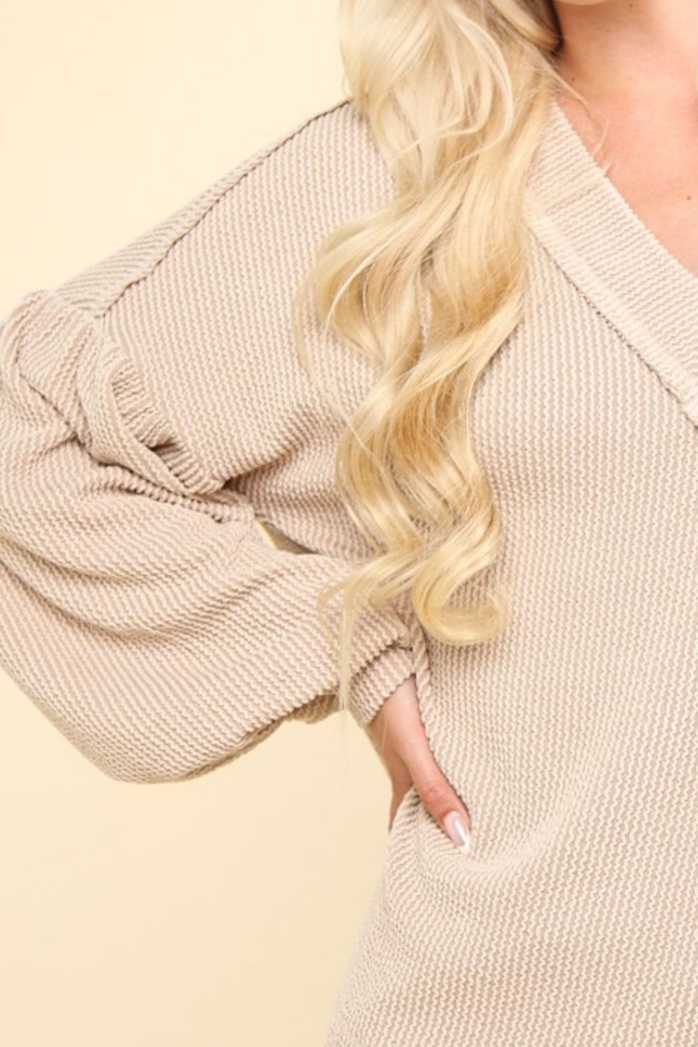 Very J - Rib Knit V - Neck Exposed Seams Top in Oatmeal