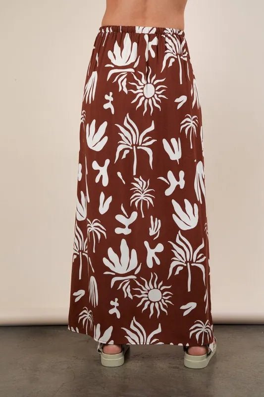Very J - Rust Brown Tropical Leaf Print Maxi Skirt